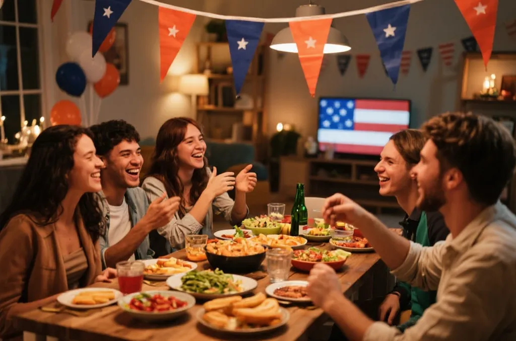 观赛派对桌上的美食和旗帜